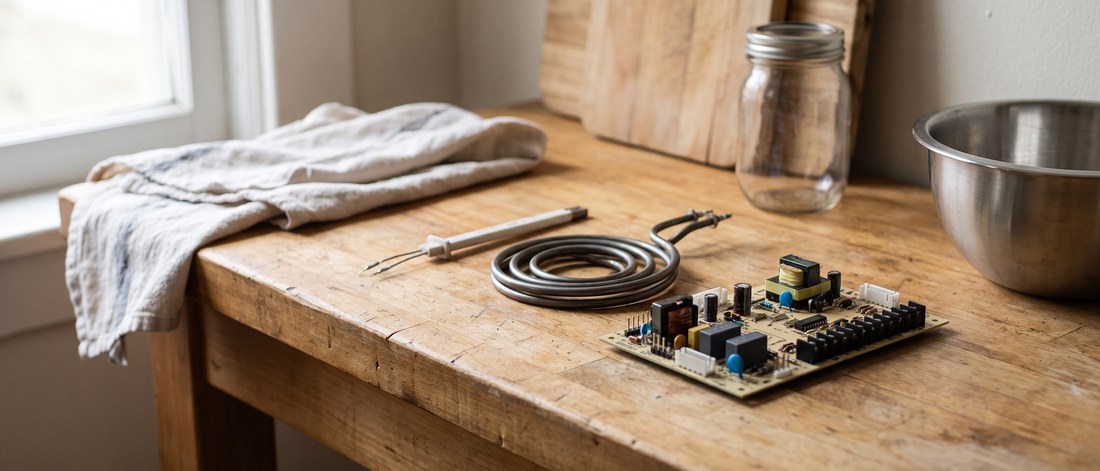 Oven igniter, bake element, and control board on a workbench