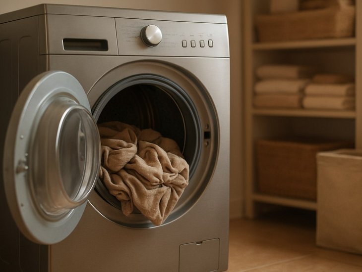 Stacked dryer with its door open and towels inside