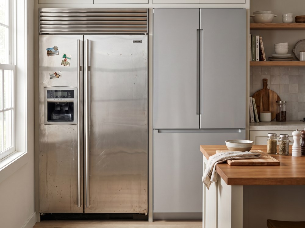 Worn older refrigerator beside a new French-door model