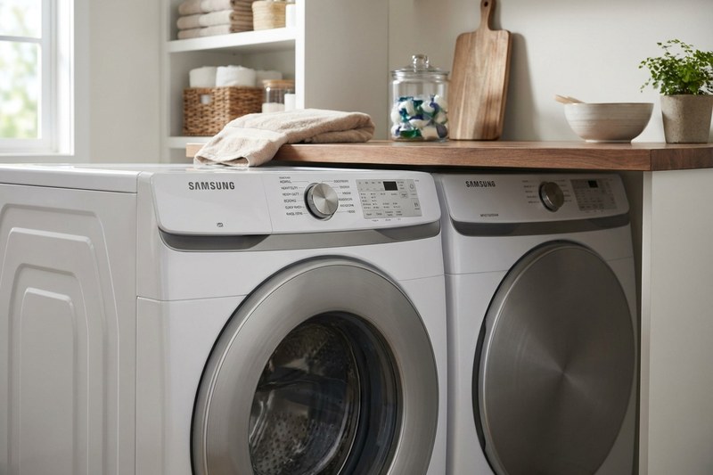 White front-load washer and matching dryer in a laundry room