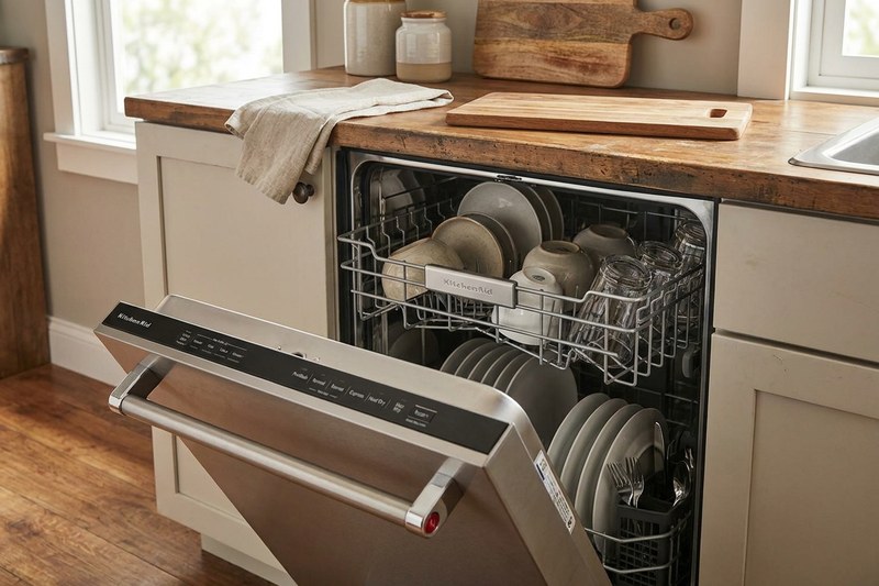 Open built-in dishwasher fully loaded with dishes and glasses